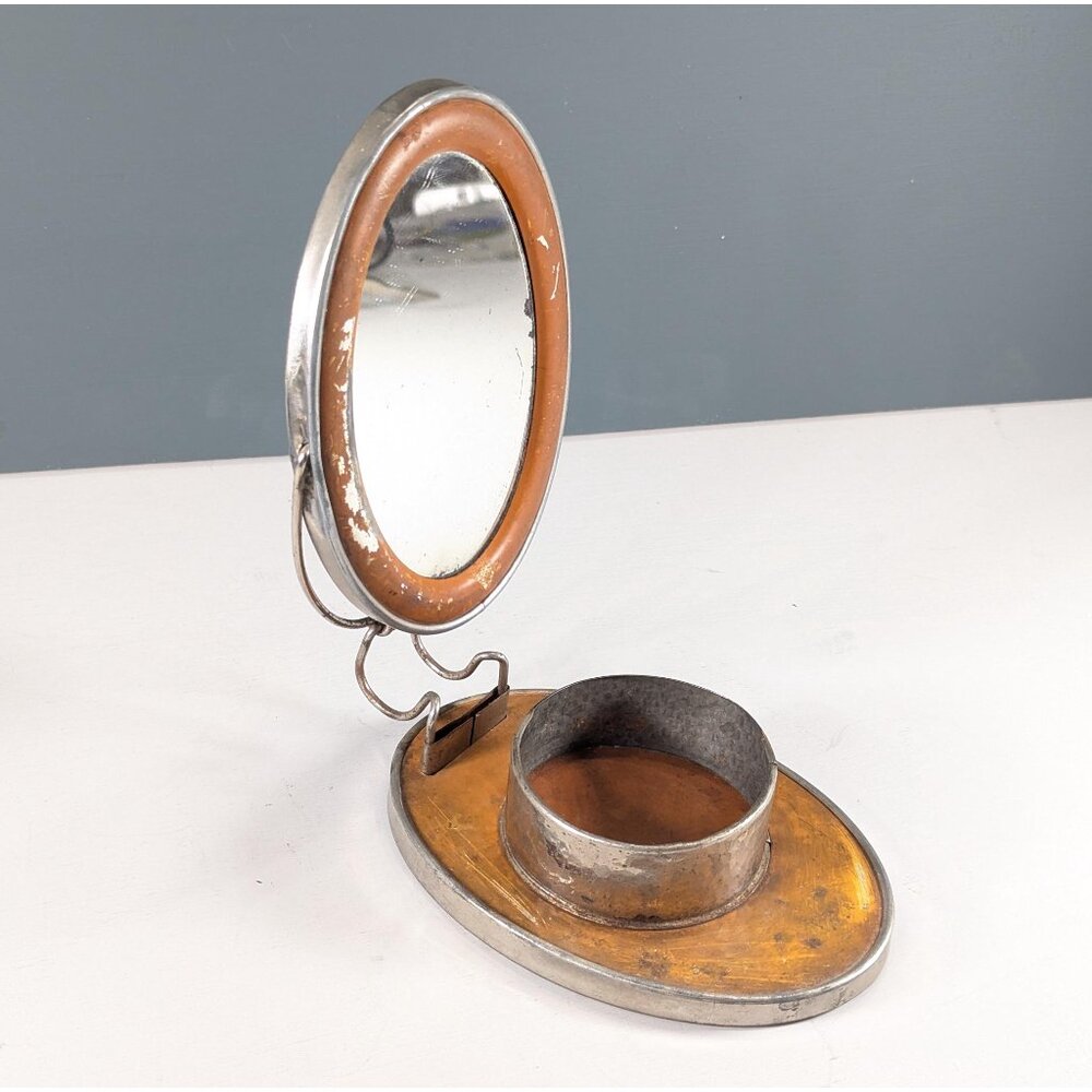 Vintage metal folding shaving mirror, mens travel shaving kit